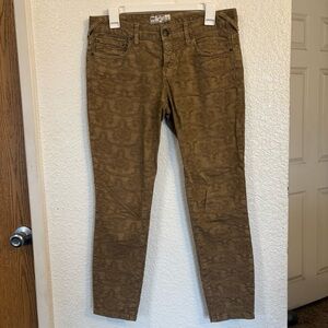Free People Jacquard Skinny Jeans Women's M Tan Olive‎ Floral Textured Stretch